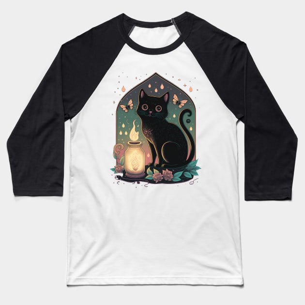 Black Cat Magic Baseball T-Shirt by Cute Occult